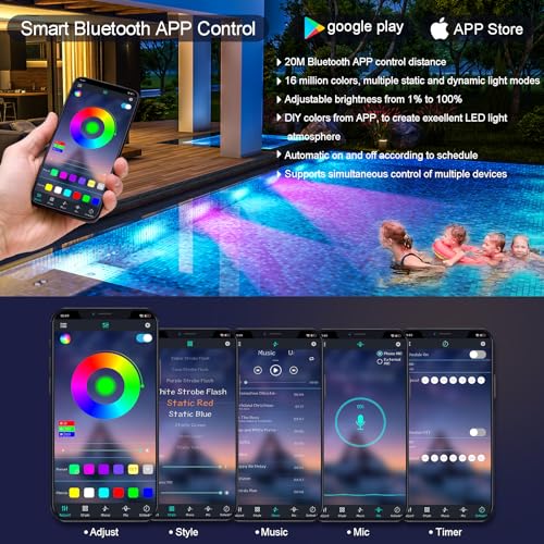 Image of BSGlobal Smart LED Pool Lights with RGB Color Changing, IP68 Waterproof, 10W Submersible Lights with 33ft Cord for Inground /Aboveground Pool, App /Remote Control