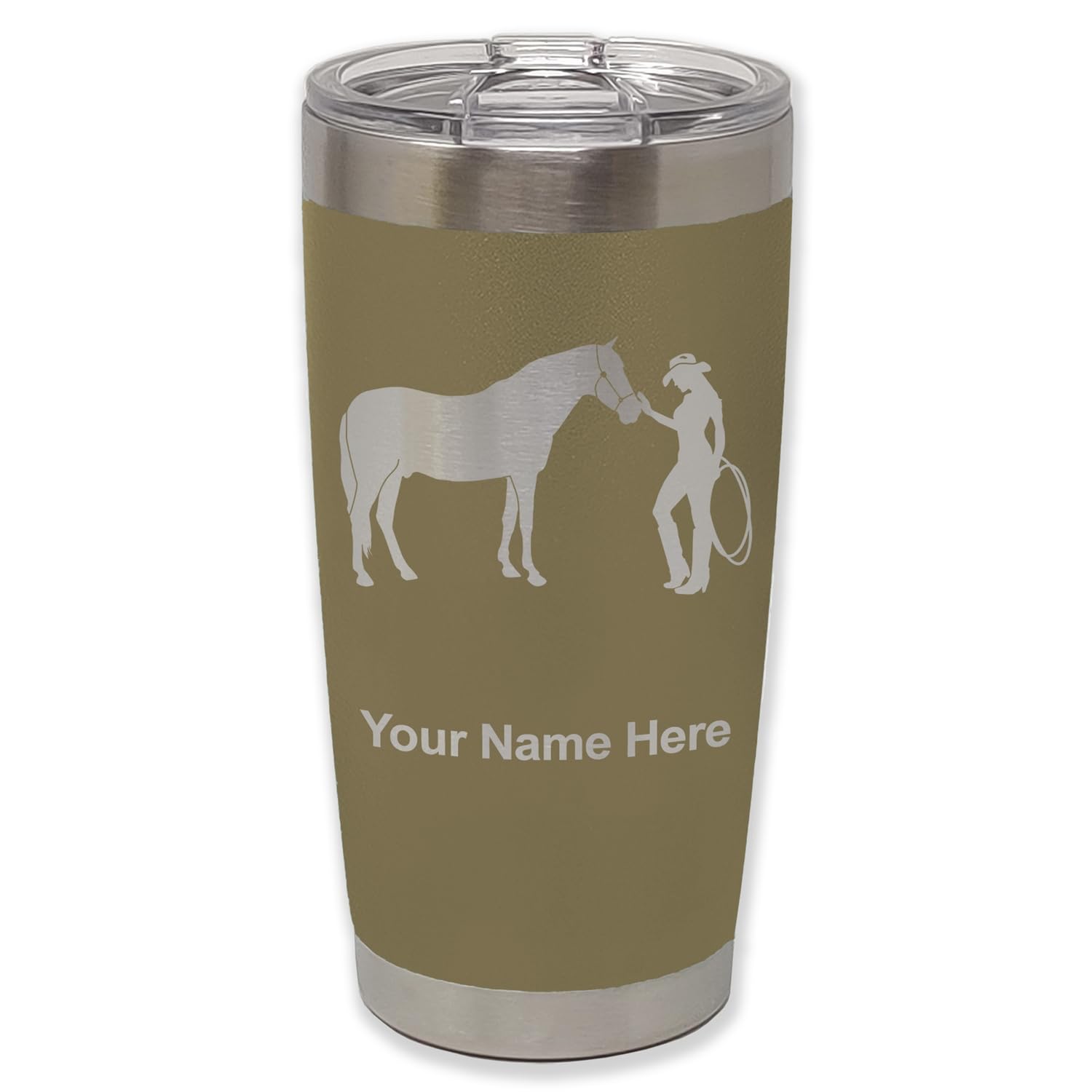 LaserGram 20oz Vacuum Insulated Tumbler Mug, Horse and Cowgirl, Personalized Engraving Included (Camo Green)