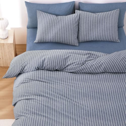 Image of Wake In Cloud - Striped Cotton Duvet Cover Set, Ticking Stripe Vertical Pinstripe Farmhouse, 100% Washed Cotton Textured Bedding Set, 3 Pieces, Denim Blue, Full Size