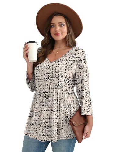 Image of OFEEFAN 3 /4 Length Sleeve Womens Tops 2026 Blouses for Women Dressy Casual Fashion Clothing V Neck Babydoll Tops Fall Outfits