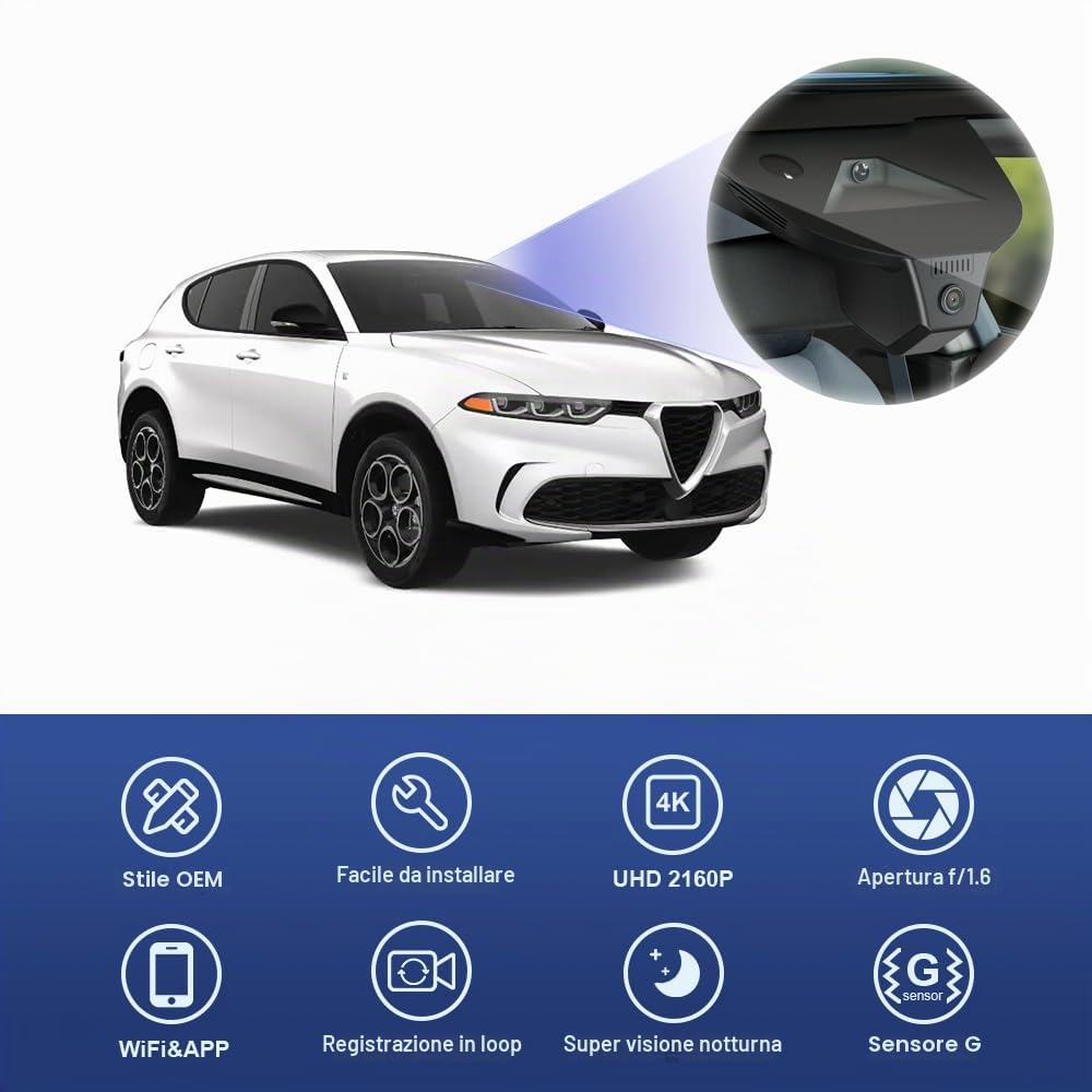 Fitcamx 4K Dash Cam per Alfa Romeo Tonale 2022 2023 2024 2025 (HD2-D5410), OEM Look, 2160P UHD Video, WiFi & APP incorporati, Registrazione Loop, Sensore di gravità, Plug & Play, Scheda 64GB