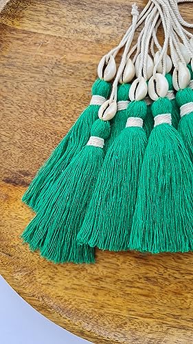Image of Zippy Flora Handmade Cotton Tassels with Cowrie Shells for DIY & Crafts Project, Pack of 10 (Dark Green)