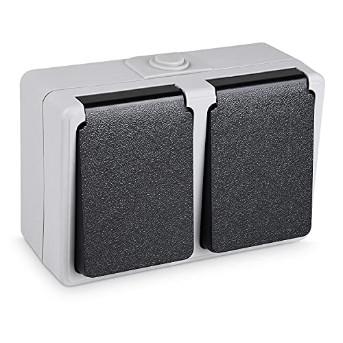 HEITECH Double prise exterieur etanche - Double prise etanche exterieur avec protection enfants 250 VAC 16A IP44 - Bloc prise saillie exterieur - Prise de courant en saillie avec terre