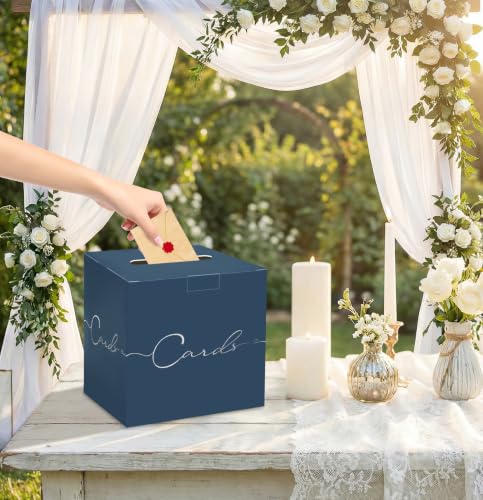 Image of HEIPINIUYE Navy Blue Wedding Card Box with Silver Foil 9.8 inch x 9.8 inch Navy Large Gift Card Box for Party Wedding Reception Graduation Birthday Baby Shower Cardboard Raffle Envelope Box with Slot