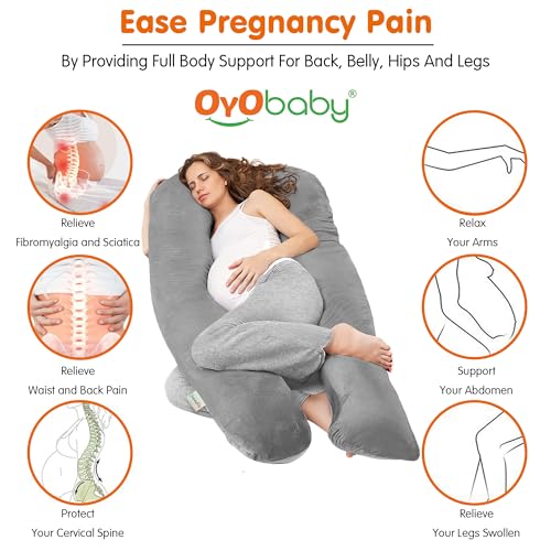 Image of OYO BABY Pregnancy Pillows for Sleeping J-Shape Full Body Pillow and Maternity Support - for Back, HIPS, Legs, Belly for Pregnant Women with Removable Washable Velvet Cover (Grey)