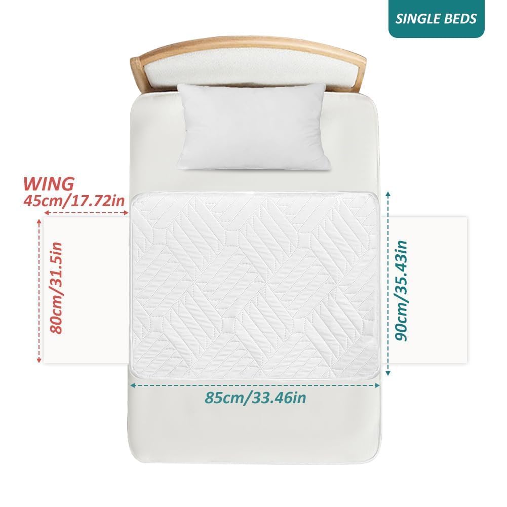 DUJUIKE Assorbente Per Incontinenza Lavabile Con Ali, Coprimaterasso Impermeabile, Lenzuolo Assorbente Riutilizzabile Per Incontinenza E Pipì A Letto, Fondo Antiscivolo (Bianco, 85×90cm)