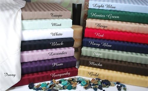 Plum Striped Natural Combed Cotton 300 Thread Count Queen Waterbed Sheet Sets [ Includes 1 Flat, 1 Fitted and 2 Pillowcases ]