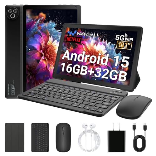Laptok Android 15 Tablette 10 Pouces avec 32 Go ROM+1 to TF, 5000 mAh, WiFi 6, Bluetooth 5.4, Tablette Tactile avec étuis de Protection pour Souris, Clavier et Casque (Noir)