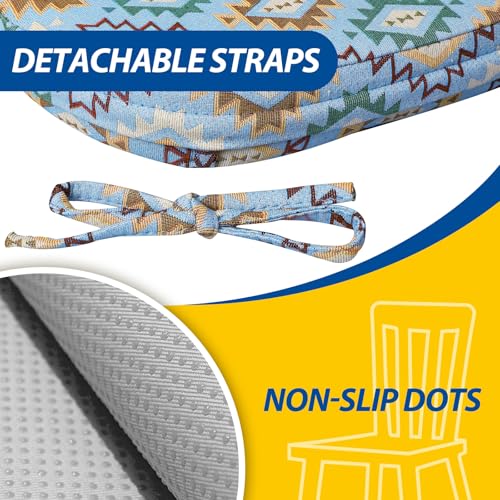 Image of AAAAAcessories D-Shaped Chair Cushions, 2 inch Thick Dining Chair Pads with Ties and Removable, Machine-Washable Cover, 17 inch x 16 inch, Set of 6, Geometric Blue