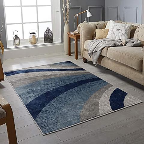 Modern Style Rug WAVES Design Rugs Living Room Extra Large Size Soft Touch Short Pile Carpet Area Rugs Non Shedding (Blue, Grey, 200cm x 290cm (6.6ft x 9.5ft)) Cover