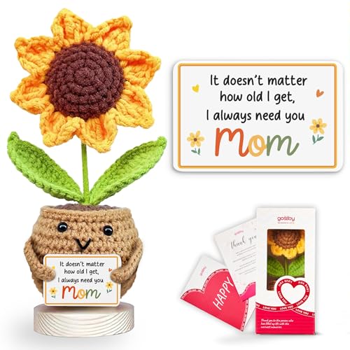Image of Gossby Gift for Mom from Daughter, Son, Kids - Sunflower Crochet with Card - I Always Need You MOM - Mothers Day, Christmas, Birthday Gift - Emotional Support Plush for Mama