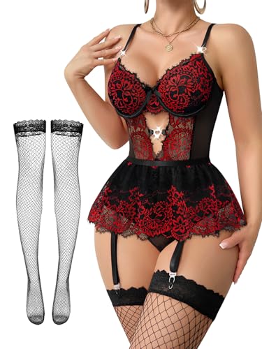 Image of Lilosy Sexy Lingerie Set 3 Piece Women Corset Bodysuit Skirt