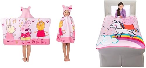 Peppa Pig - Paquete de baño y ropa de cama para niños  Toalla suave con capucha (24 x 50 pulgadas) + manta de micro raschel súper suave (46 x 60