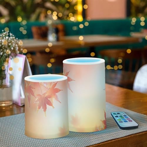 Image of Thanksgiving Decorations Lights Flameless Candles Thanksgiving Autumn Leaves Golden Maple Leaves Pillar Candles Set of 2 Battery Operated Remote Control Warm Lights