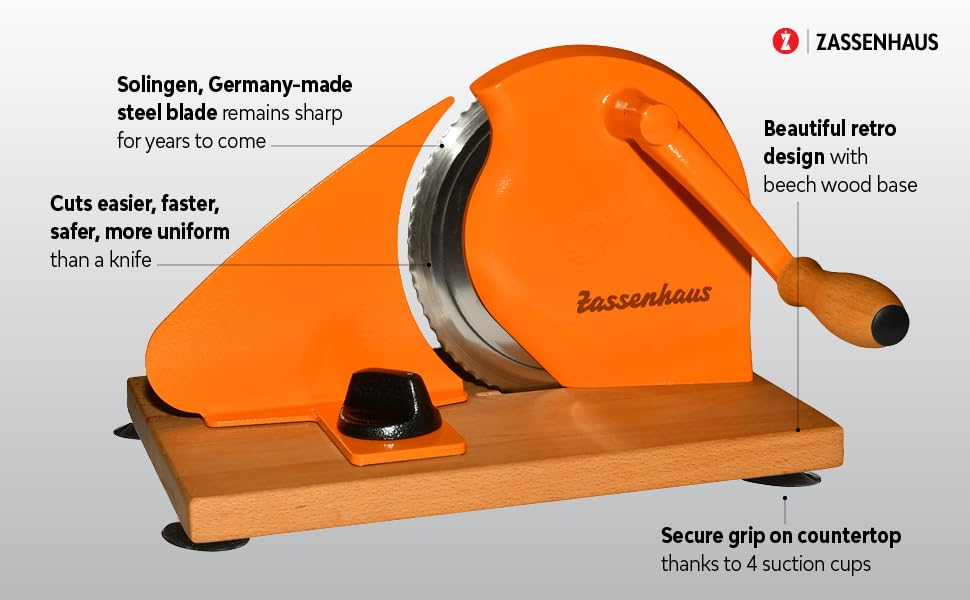 Image of Zassenhaus Original Classic Adjustable Bread Slicer for Uniform Slices - Bread Slicer for Homemade Bread - 18 /8 Stainless Steel Blade Sourdough Cutter -Orange, 11.75 inch x 8 inch