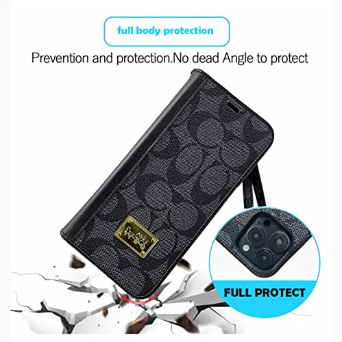 Luxury Iphone 13 Pro Max Wallet Case - Premium Leather Magnetic Flip, Wrist Strap, Card Holder, Tpu - Black #TOP4