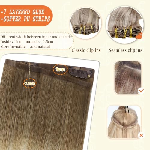 Image of Full Shine Human Hair Clip in Extensions, Light Brown Honey Blonde Balayage | Seamless Hair Extensions Clip ins, 16 Inch 120g 8 Pcs, Invisible Ultra-Thin PU Weft, Balanced Mid-Length Volume, Daily Wear