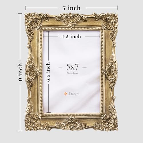 Image of eletecpro 5x7 Vintage Picture Frame with Real Glass Cover, Ornate Antique Photo Frame, Display 5x7 Picture for Tabletop or Wall Hanging Horizontal & Vertical, Gold Home Decor for Gallery Art