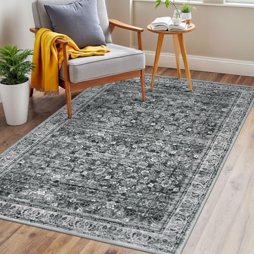 3x5 Moss Charcoal Washable Rug for Entryway, Soft Distressed Floral Rug with Non-Slip, Low-Pile Vintage Neutral Area Rugs for Living Room Nursery Bedroom, Dorm Carpet with Non-Shedding