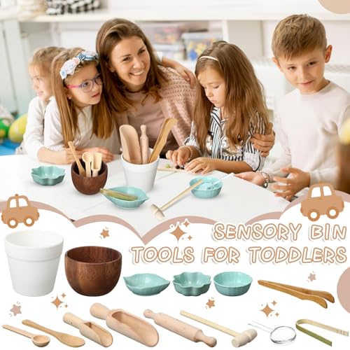 Tiangrid 14pcs Sensory Bin Tool Sensory Tools for Boys and Girls Fine Motor Skill Toys Wooden Tong Spoons Bowls Plate Hammer Magnifying Glass and Rolling Pin for Transfer Work and Fine Motor Learning by Tiangrid - Image 4