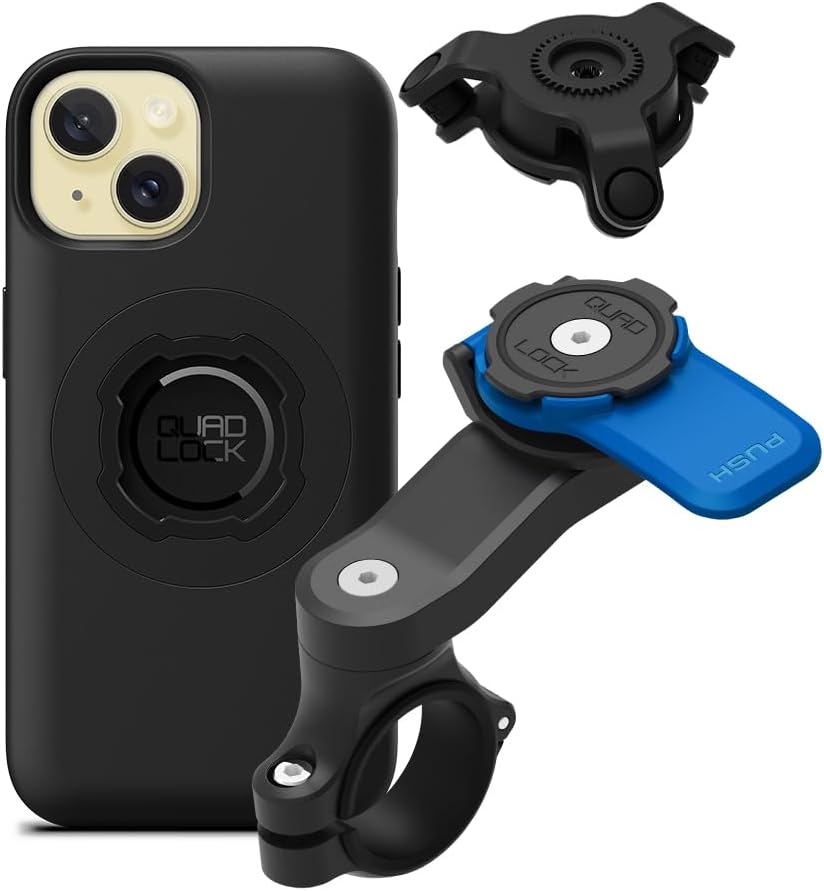 Quad Lock Motorcycle Handlebar Mount Kit with Vibration Dampener and MAG Phone Case for iPhone 15