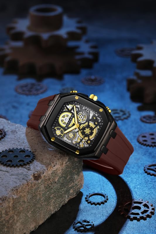 Image of Giordano Analog Quartz Watch for Men with Octagonal Skeleton Dial, Exposed Gear Design, Date Display and Silicone Strap - GZ-50221