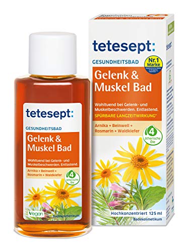 Tetesept banho articulações e músculos - banho de saúde relaxante com óleo essencial - aditivo de banho líquido para partes tensas de músculos e articulações, 125 ml