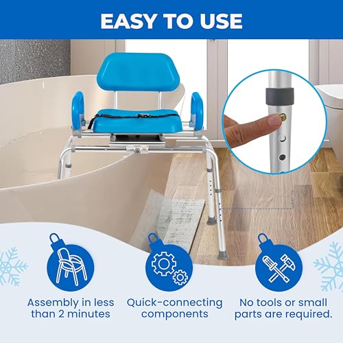 Platinum Health Carousel Sliding Shower Chair Tub Transfer Bench with Swivel Seat, Premium Padded, Pivoting Arms, Adjustable Space Saving Design for Tubs, Inside Shower, for Handicap & Seniors, Blue