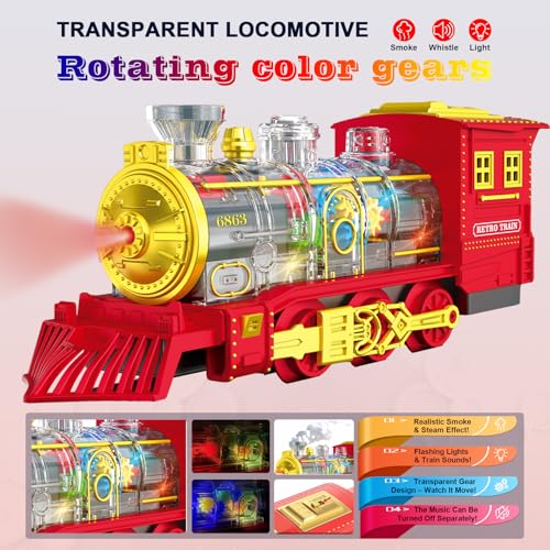 Electric Train Set Christmas Train Toys for Boys with Smokes, Lights and Sound (ON/Off) Rechargeable Train Set Under Christmas Tree, Toddler Model Trains for 3 4 5 6 7 8+ Years Old Kids Gifts