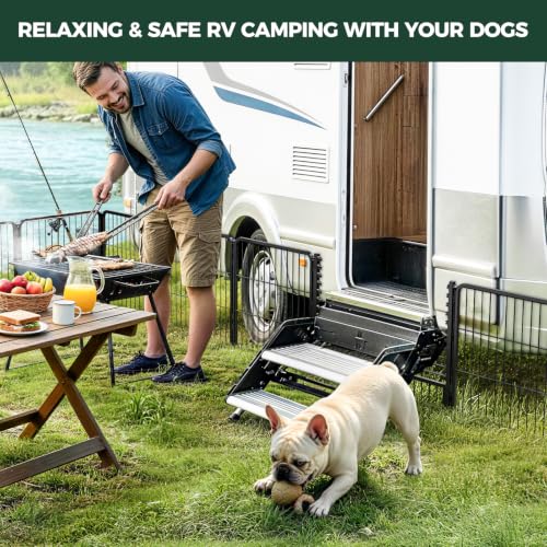 Image of FXW Rollick Dog Playpen with RV Step Grid for RV Camping, 24 inch H, 16 Panels | Easy Setup & Sturdy, Blocks RV Stair Gaps, Fits RV Steps up to 26 inchW, For Puppies & Small Dogs, Patented