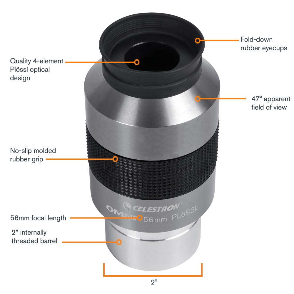 Celestron 93328 Omni 2" Eyepiece with 56 mm Ultra-Long Focal Length and Superior Light Transmission - Suitable for Viewing Deep Sky Star Clusters, Nebulae and Galaxies, Silver/Black