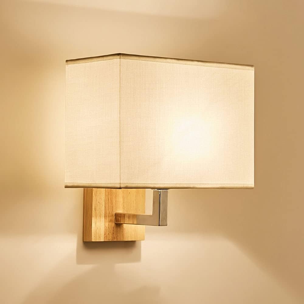 VGTLAKEX Wall Light Wood Wall Sconces Bedside Lamp Mounted Light with Square Fabric Lampshade Wooden Headboard Lighting