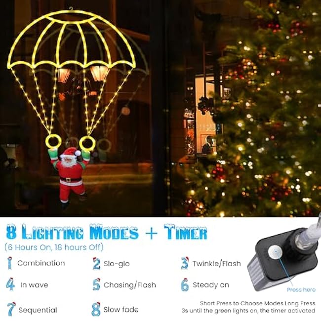 Toodour Christmas Decorations Lights Outdoor, 2.8FT Christmas Parachute Lights with Santa Claus, Waterproof 8 Modes Hanging Warm White Xmas Light - Holiday Decorative Light for Indoor Eave Roof