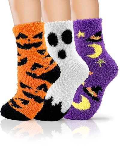 72-Needle Buttery Soft Halloween Fuzzy Socks for Women, Halloween Gifts Boo Spooky Basket Stuffers, Cozy Funny Cute Crazy Warm Fluffy Slipper Socks for Girls 3 Pairs