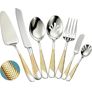 Xideman® 7-Piece Hammered 18/10 Stainless Steel Silverware Serving Utensil Set – Hostess Flatware with Cake Knife & Cake Server (Silver Gold)
