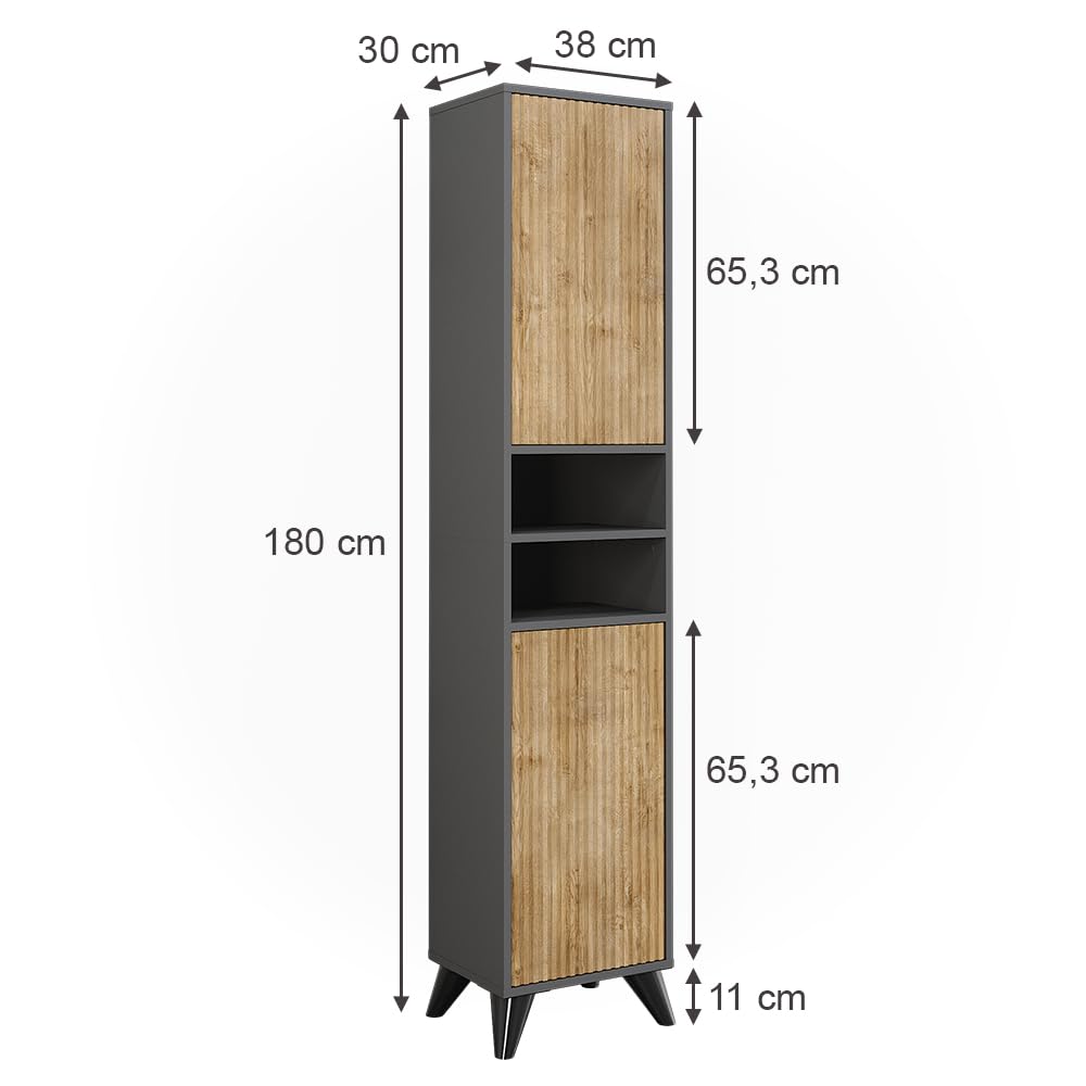 Vicco Mobiletto da bagno Leano, Antracite/quercia di montagna, 38 x 180 cm con 2 porte, adatto per la conservazione di articoli da bagno e asciugamani