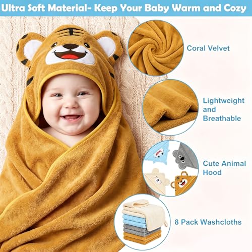 Image of 12 PCS Baby Bath Towels Set for Infants Toddlers Essentials | 4 PCS Baby Towels & 8 PCS Washcloths Set, Cute Animal Hooded, Ultra Absorbent & Soft, Newborn Shower Gifts for Boys & Girls
