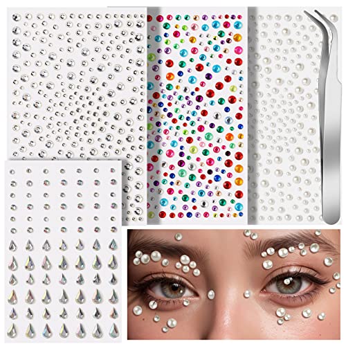 Teenitor Face Gems Self Adhesive Face Gems and Pearls for Makeup Festival Jewels for Halloween Rave Accessories Hair Gems Rhinestone Stickers for Face Eye Makeup Body