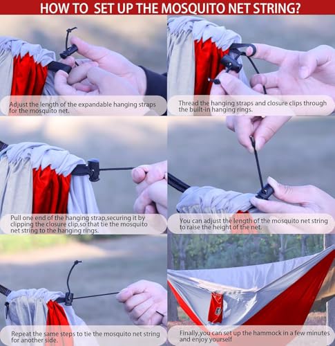 Image of Camping Hammock with Mosquito Net,Lightweight 210T Nylon Hammocks,Portable Hammock with 10ft Tree Straps,Camping Gear Must Haves for Travel Hiking Backpacking Beach Patio-Black&Red