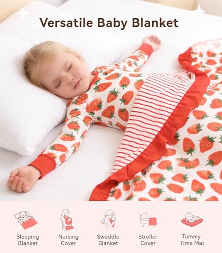 Image of Premium Baby Blankets, Soft Viscose from Bamboo Blanket for Girls, Nursery Crib Bedding Quilt for Newborn and Toddler, Ruffle Blanket Cooling for Hot Sleepers, 50''x50'' Strawberry