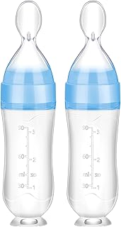 Nuanchu Baby Spoons 2 Pack Silicone Baby Food Feeder 3 oz Squeeze Feeding Spoon Toddler Dispensing Feeder Suction Cup Design Travel Friendly for Kids Toddlers Boys Girls(Blue)