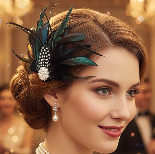 Yokawe 1920s Flapper Feather Hair Clip,Black Gatsby Pearl Headpiece for Women,Vintage Hair Accessories for Cocktail Parties