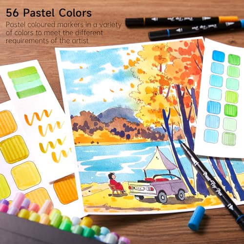 Image of Shuttle Art Pastel Brush Pens, 56 Pastel Colouring Pens, Dual Tip Brush Markers with Fineliner Tip, Drawing Felt Tip Pens for Adults Colouring Books, Painting Sketching Calligraphy and Journaling
