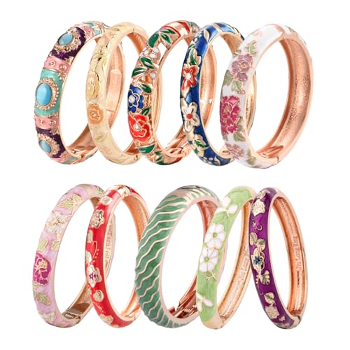 UJOY Random Pack Colors Enamel Jewelry Set Golden Flower Engraved 10 PCS Cloisonne Bracelets in a Box