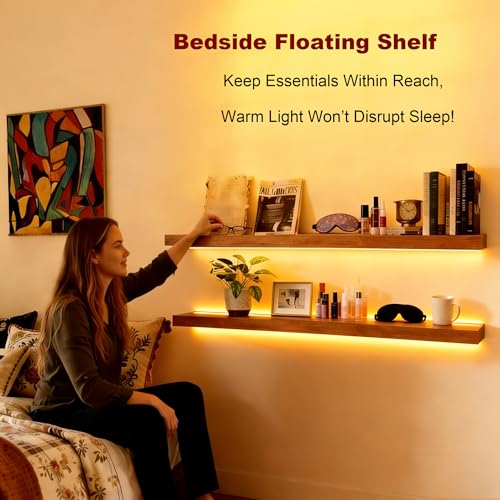 Image of ROGMARS 36 Inches Long Walnut Floating Shelves with Led Light | Rustic Solid Wood Farmhouse Wall Shelves with Invisible Brackets for Bedroom, Living Room, Kitchen, Bathroom Set of 2