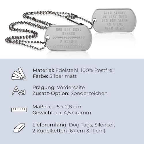 2 Stück personalisierte Erkennungsmarken | Dog Tag Kette mit Prägung | inklusive 2 Ketten & 2 Silencer im Set | diverse Texte und Motive möglich | Rambo | Militär Ausrüstung (Silberfarben matt)