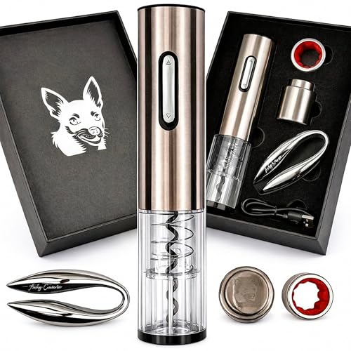 Kuky Cuisine Sacacorchos Eléctrico Recargable para Vino con Cortacápsulas, Tapón de Vacío y Anillo Antigoteo, Set Abridor en Caja Regalo