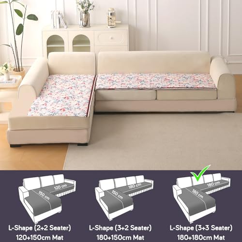 Image of HOKIPO 'Florentina Series' Foam Filled Holland Velvet L Shape (3+3 Seater) Sofa Cover Seat Mat with Anti-Slip Backing, Scarlet Rose Ivory (IN-882-V4*2)