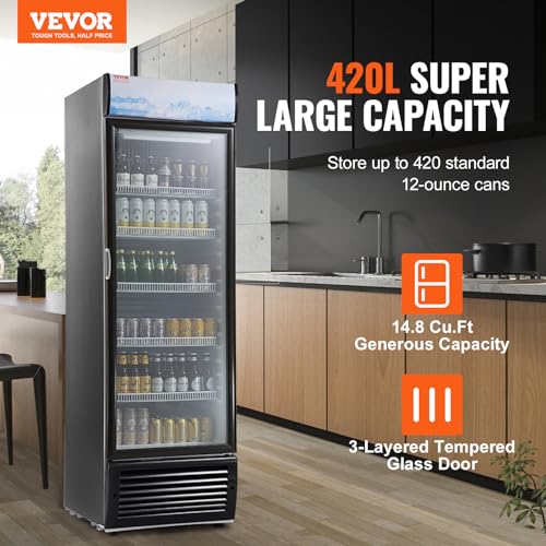 Image of VEVOR Commercial Merchandiser Refrigerator, 14.8 Cu.Ft / 420L Beverage Refrigerator Cooler Merchandiser, Glass Door Display Refrigerator Upright Fridge with 5 Adjustable Shelves, Customizable Lightbox