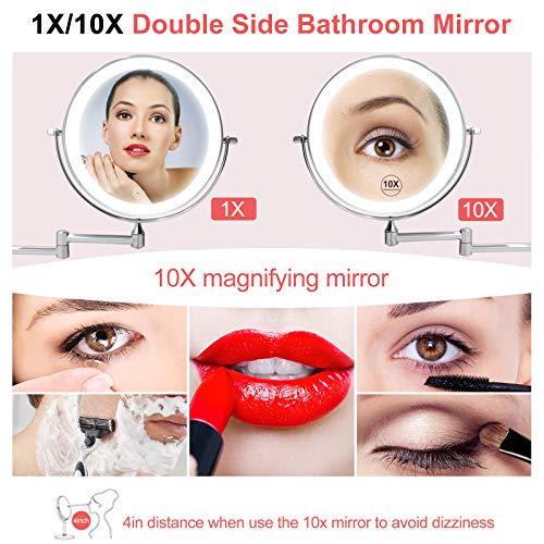 Rechargeable Wall-Mounted Makeup Mirror: 8-Inch Double-Sided 1X/10X Magnification, 3 Color Lighting, Touch Screen Dimming, 360° Extendable Arm